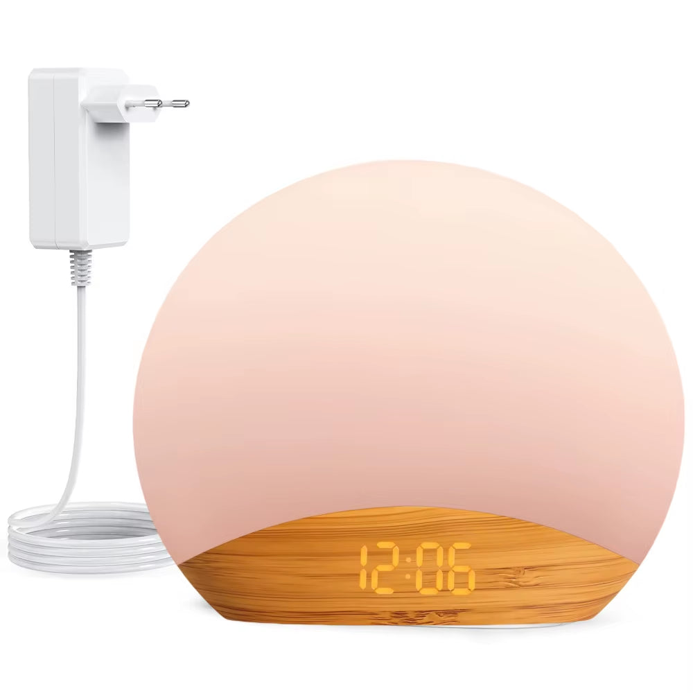 KERCHAN Wood Grain Sunrise Alarm Clock and Sound Machine Nightlight,Digital Dimmable Clock for Bedroom,26 Sleep Sounds