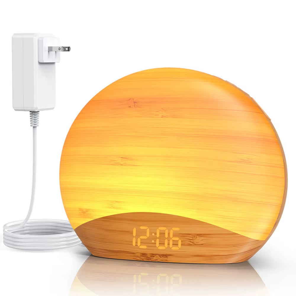 KERCHAN Wood Grain Sunrise Alarm Clock and Sound Machine Nightlight,Digital Dimmable Clock for Bedroom,26 Sleep Sounds