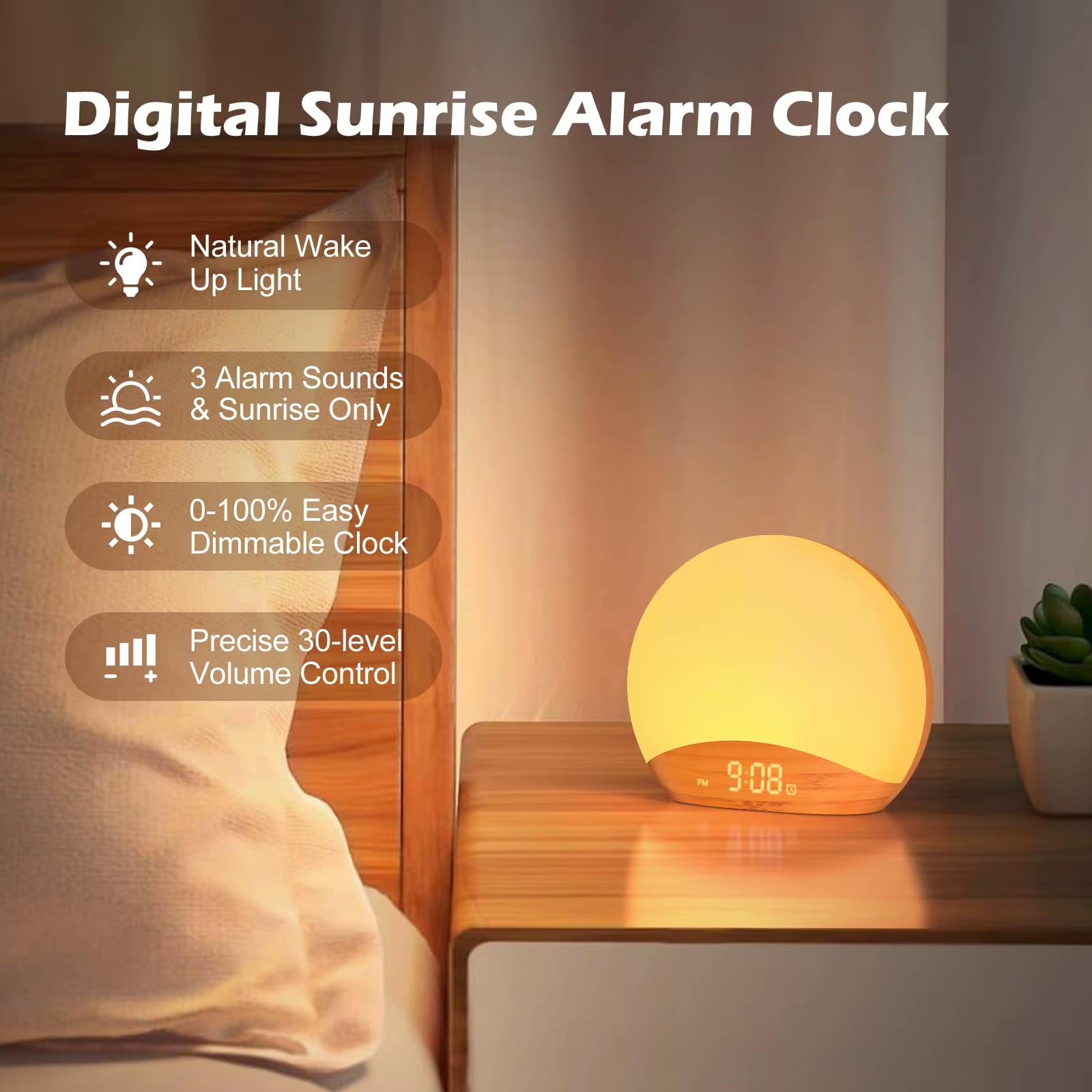 KERCHAN Wood Grain Sunrise Alarm Clock and Sound Machine Nightlight,Digital Dimmable Clock for Bedroom,26 Sleep Sounds