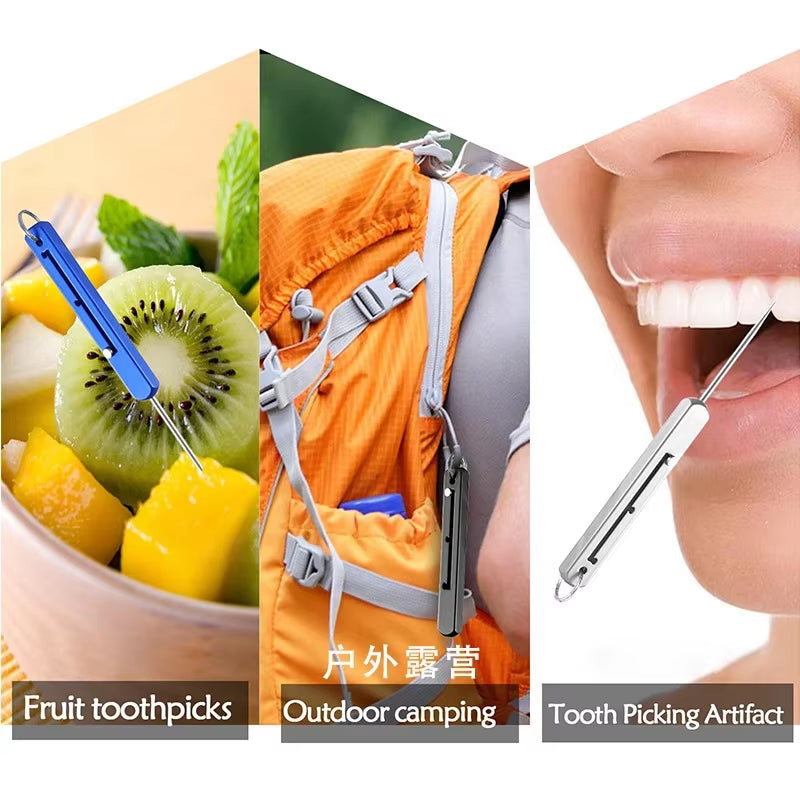 Portable EDC Retractable Toothpick High Strength Titanium Alloy Spring Push-Pull Fruit Pick Gift Keychain Pendant Tooth Pick