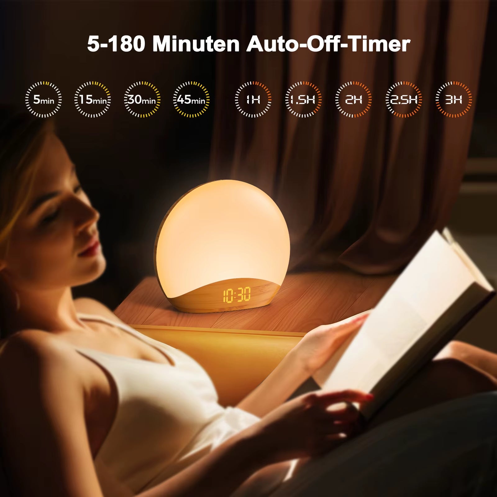 KERCHAN Wood Grain Sunrise Alarm Clock and Sound Machine Nightlight,Digital Dimmable Clock for Bedroom,26 Sleep Sounds